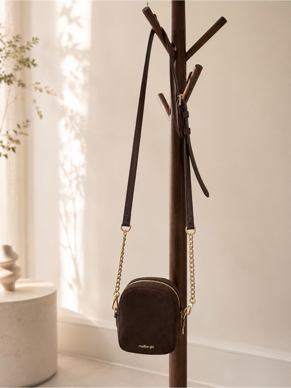 Madden Girl Small Crossbody Bag in Dark Brown Faux Suede with Gold Chain -NWT